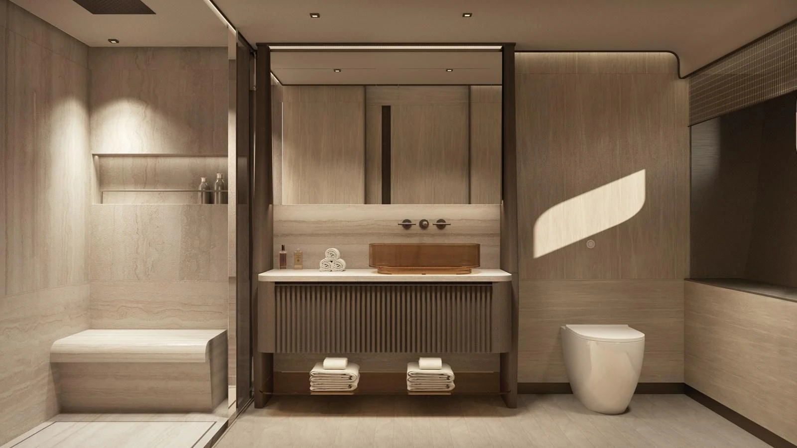 The yacht's bathroom features a sleek, modern design with luxurious fixtures and ample lighting. aboard BERSERK 47 Yacht for Sale