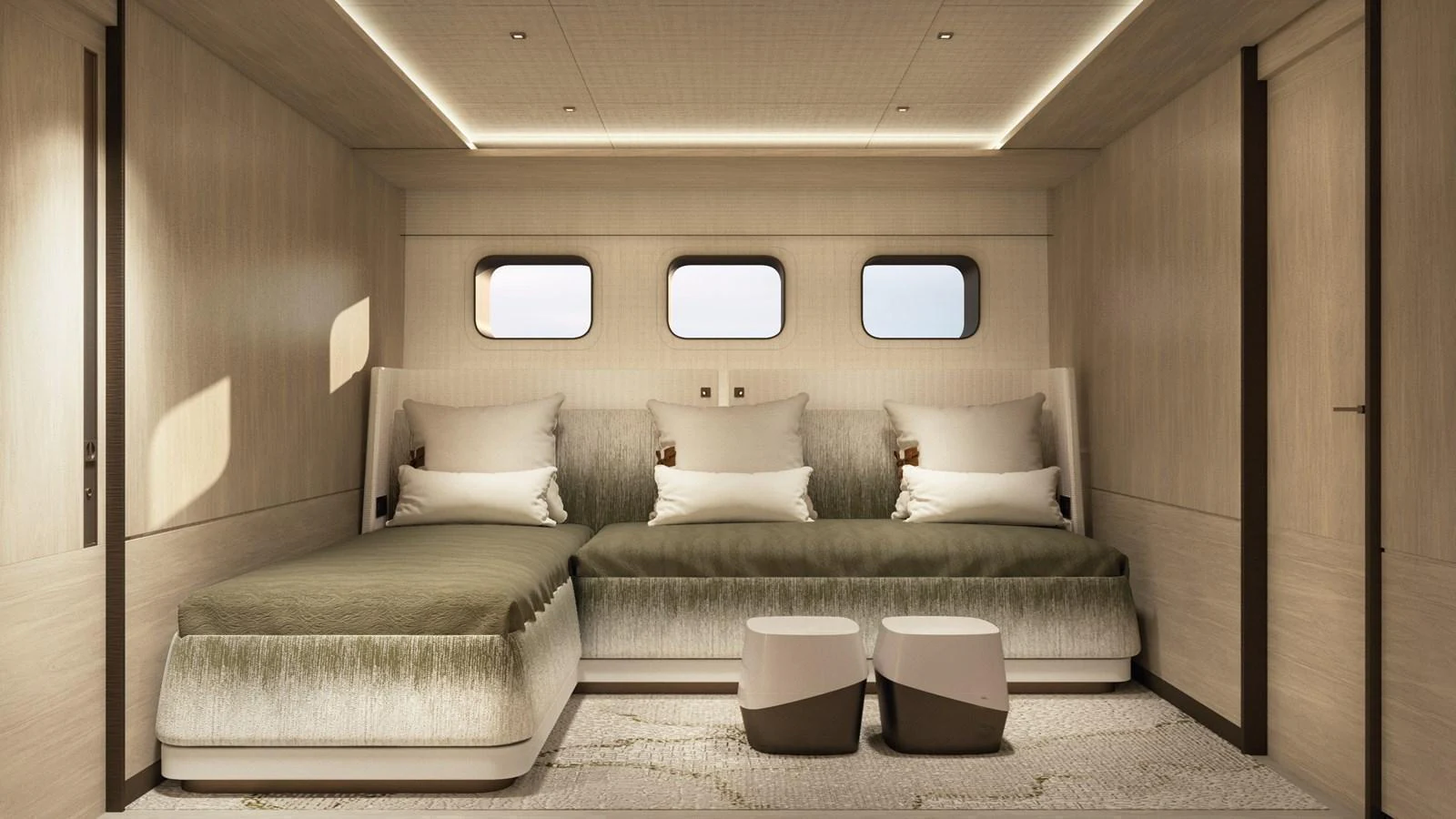 The guest stateroom features a serene and modern design with plush bedding and ample natural light. aboard BERSERK 47 Yacht for Sale