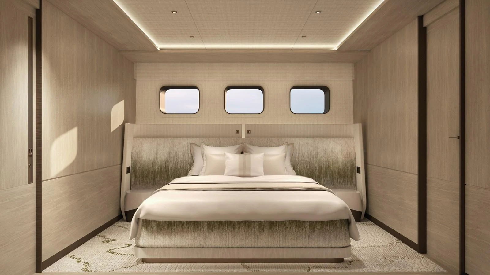 The master stateroom features a luxurious bed with elegant bedding and ample natural light from the windows. aboard BERSERK 47 Yacht for Sale
