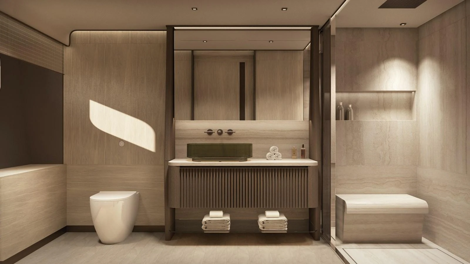 The yacht's bathroom features a modern design with elegant fixtures and ample space. aboard BERSERK 47 Yacht for Sale