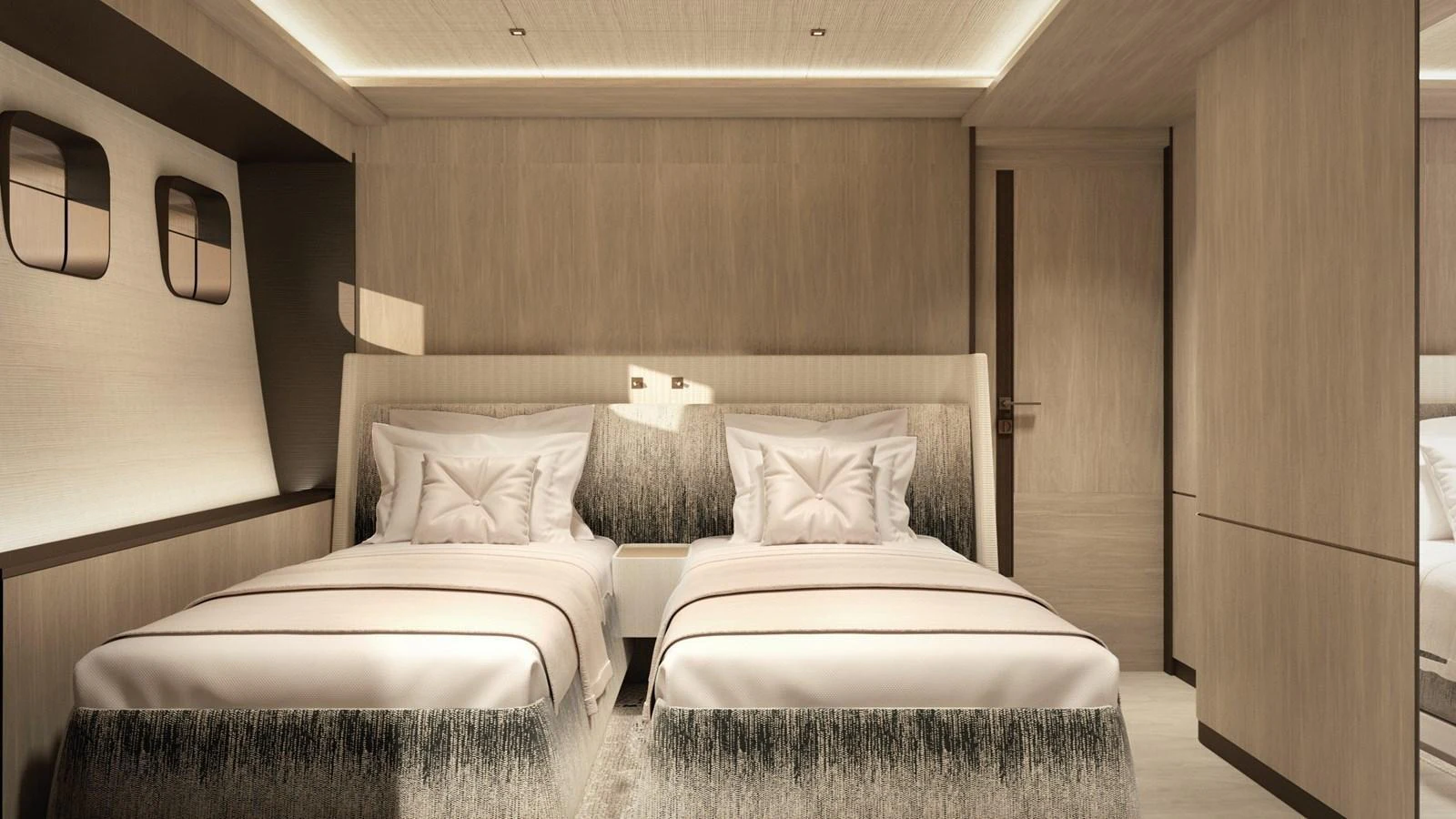 The guest stateroom features twin beds with luxurious bedding and a modern, minimalist design. aboard BERSERK 47 Yacht for Sale