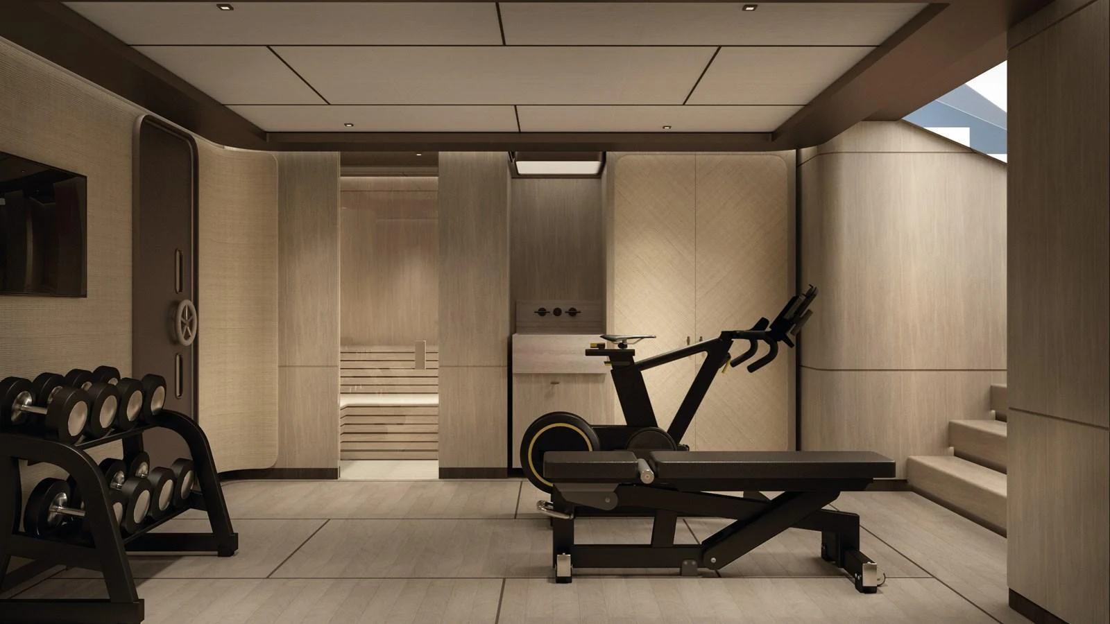 The yacht features a well-equipped gym with modern fitness equipment and a serene ambiance. aboard BERSERK 47 Yacht for Sale