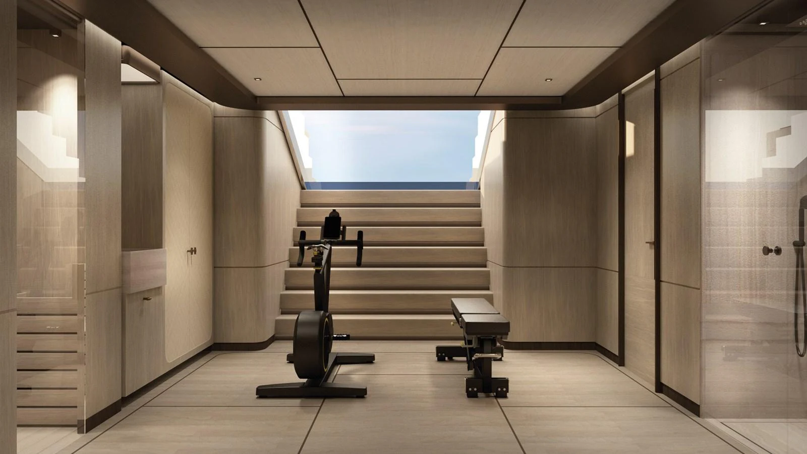 The yacht features a modern gym with state-of-the-art equipment and a serene view. aboard BERSERK 47 Yacht for Sale