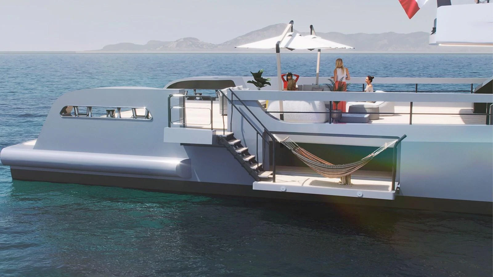 The yacht's aft deck features a relaxing hammock and a shaded seating area, perfect for enjoying the ocean views. aboard BERSERK 47 Yacht for Sale