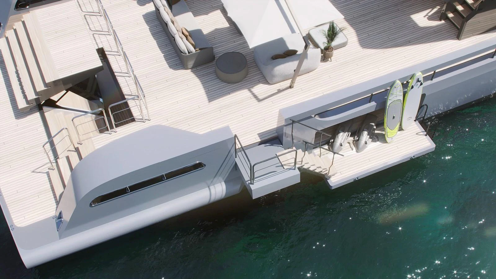 The aft deck features a spacious lounging area with direct access to the water. aboard BERSERK 47 Yacht for Sale