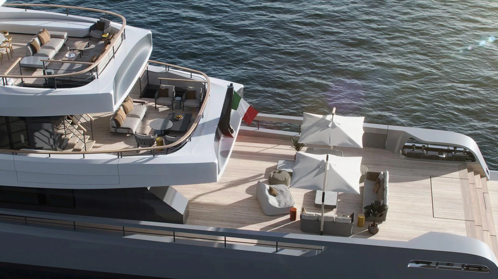 The yacht's aft deck features luxurious seating areas and sun loungers, perfect for relaxation and socializing. aboard BERSERK 47 Yacht for Sale
