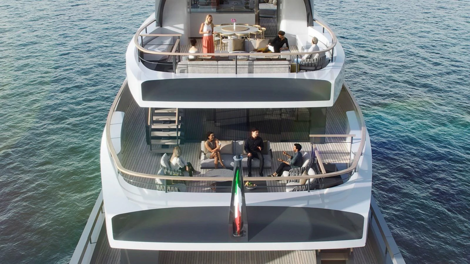 The yacht features a spacious multi-level aft deck with elegant seating and dining areas, perfect for socializing and relaxation. aboard BERSERK 47 Yacht for Sale