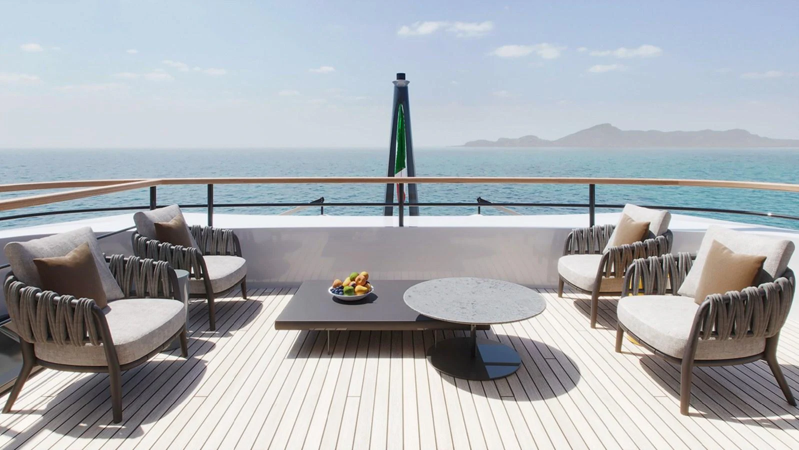 The sundeck offers a serene setting with comfortable seating and stunning ocean views. aboard BERSERK 47 Yacht for Sale