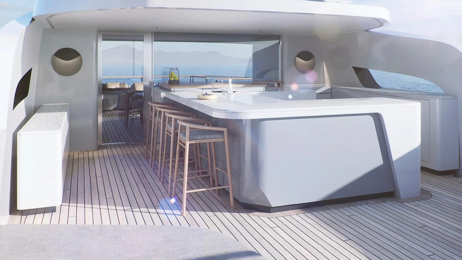The yacht features a sleek and modern outdoor bar area with ample seating and a stunning ocean view. aboard BERSERK 47 Yacht for Sale