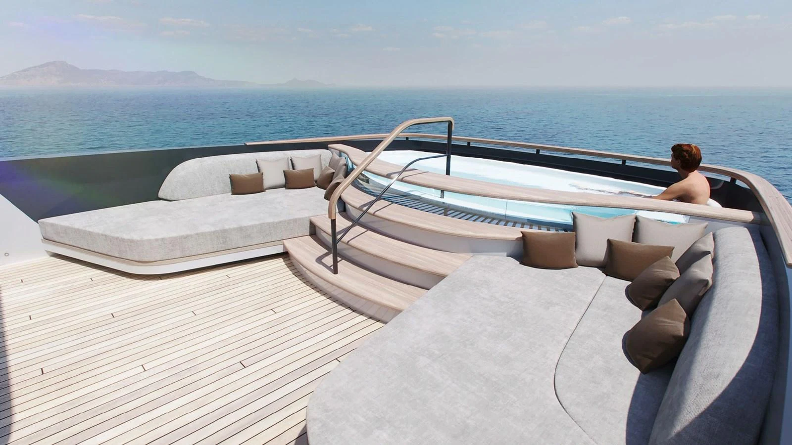The sundeck features a luxurious hot tub and plush seating areas with stunning ocean views. aboard BERSERK 47 Yacht for Sale