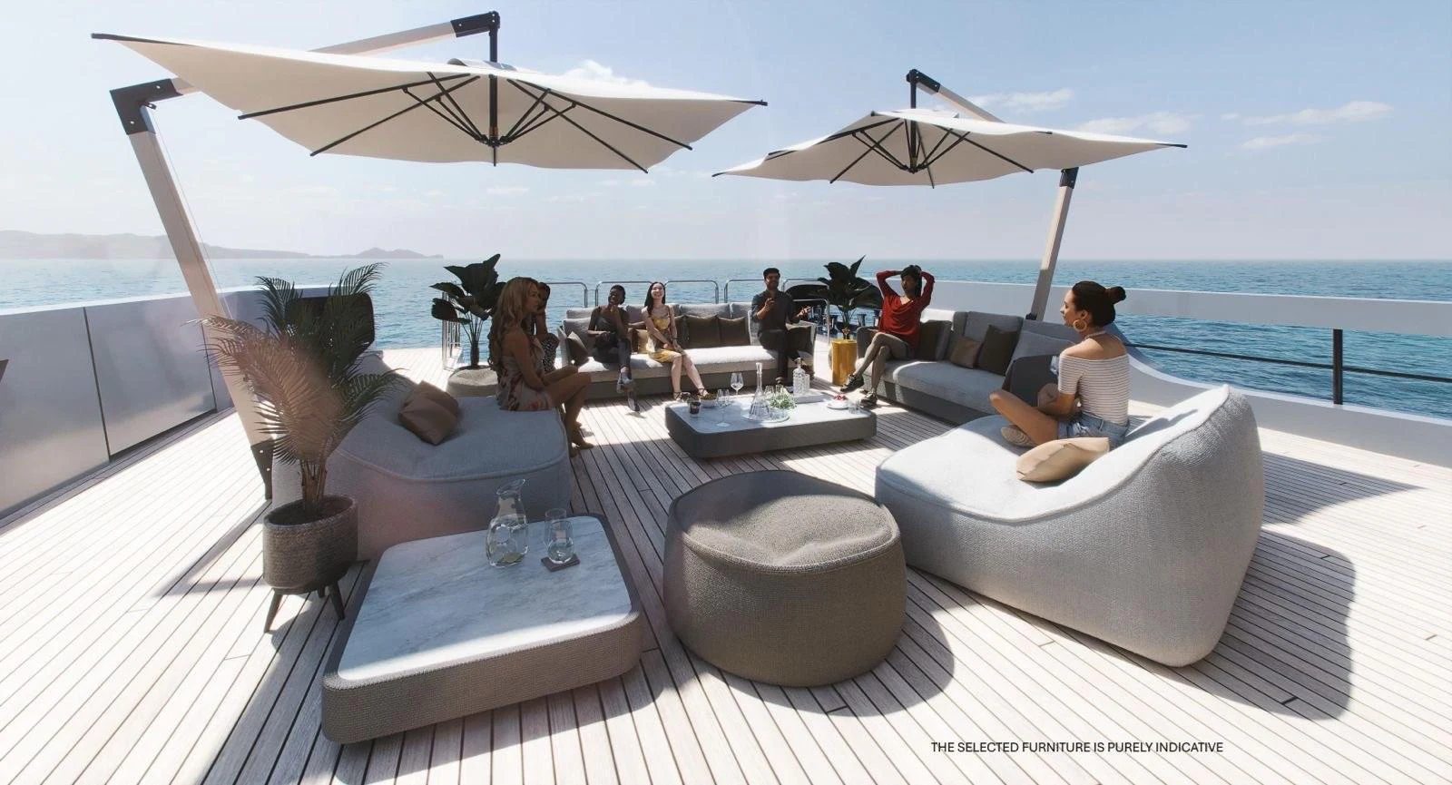 The sundeck offers a luxurious outdoor lounging area with modern furniture and stunning ocean views. aboard BERSERK 47 Yacht for Sale