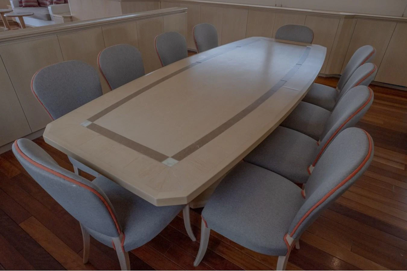 The yacht's dining area features a large, elegant table surrounded by comfortable chairs, perfect for intimate meals. aboard PARSLEY Yacht for Sale