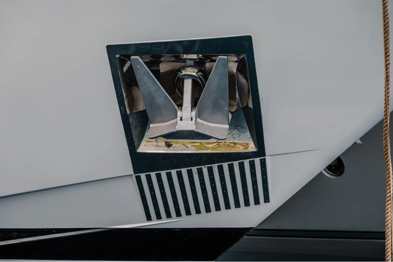 A close-up view of a yacht's anchor system, showcasing its sleek and modern design. aboard PARSLEY Yacht for Sale