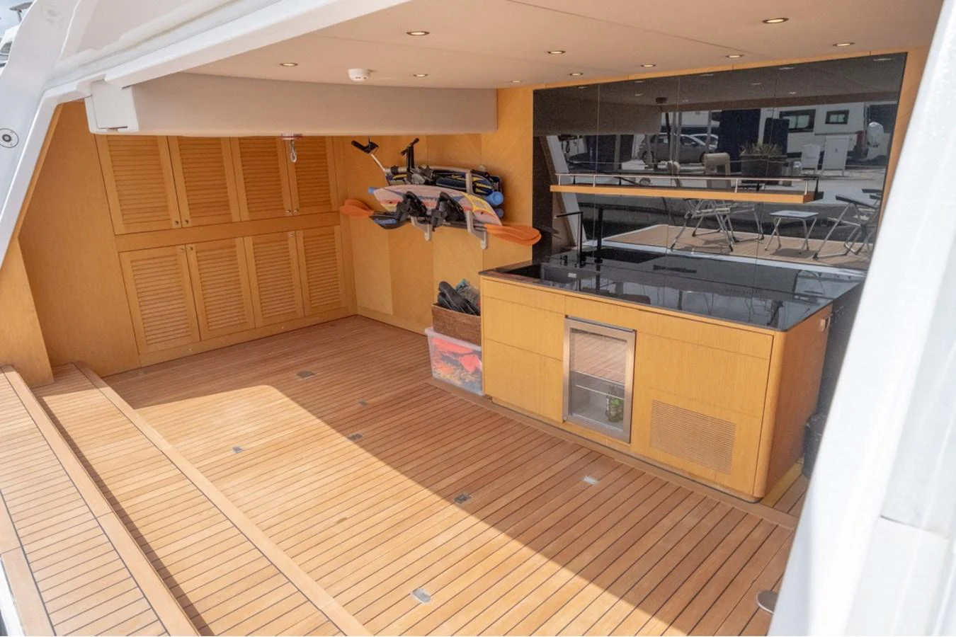 The yacht's garage features ample storage space and a sleek, organized layout. aboard PARSLEY Yacht for Sale