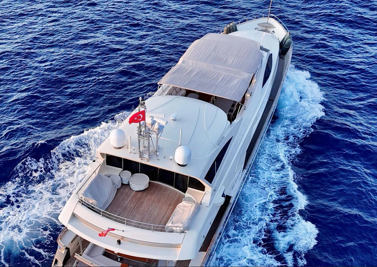 A luxurious yacht cruising through the open sea, showcasing its sleek design and spacious deck areas. aboard RIVA 115 Yacht for Sale