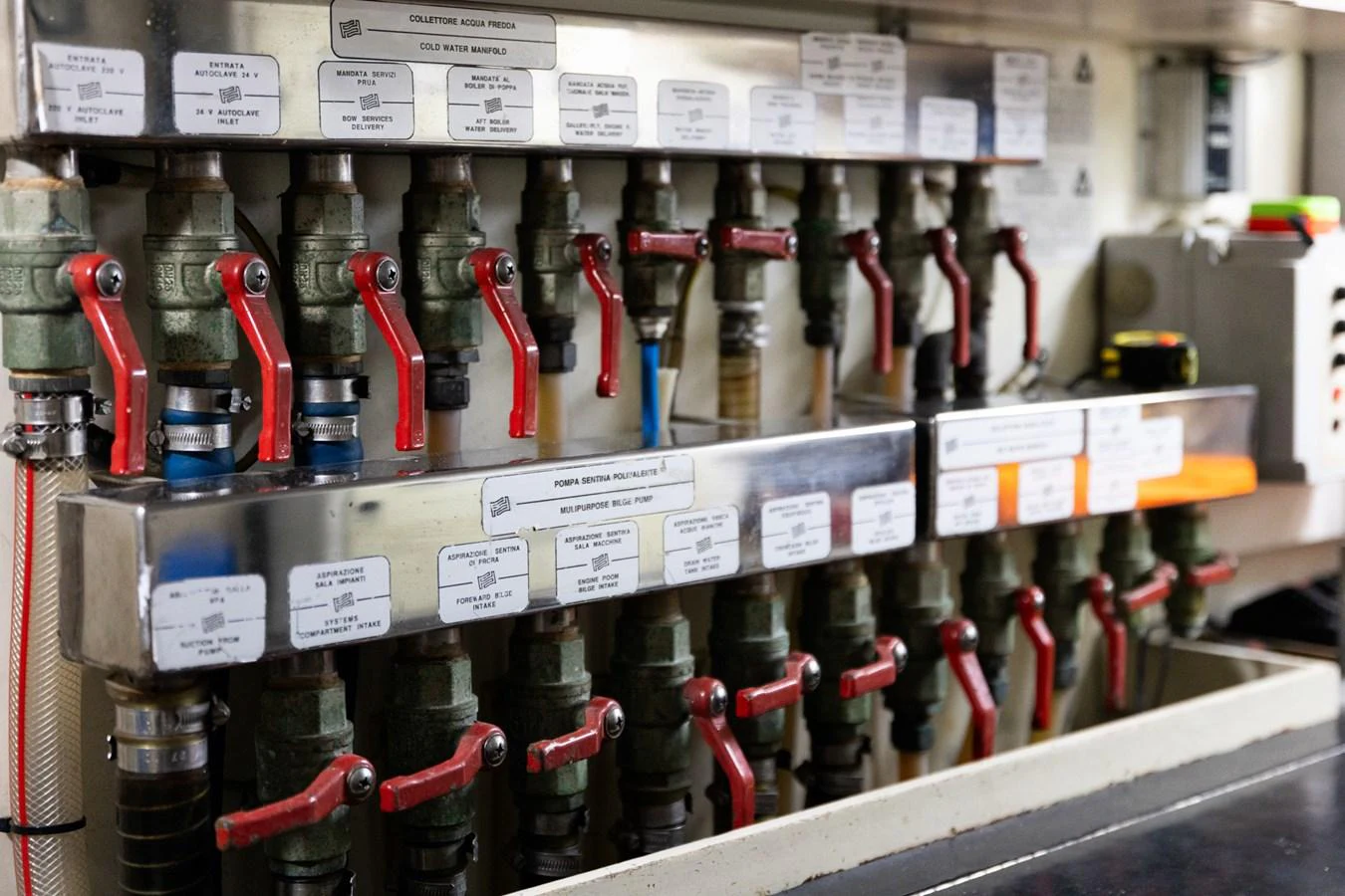 A detailed view of the yacht's control valves and plumbing system. aboard PUMABAY Yacht for Sale