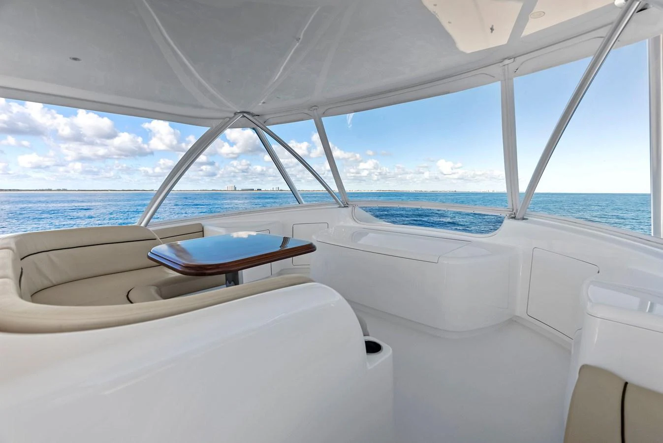 The flybridge offers a serene and spacious seating area with panoramic ocean views. aboard CATCH 23 Yacht for Sale