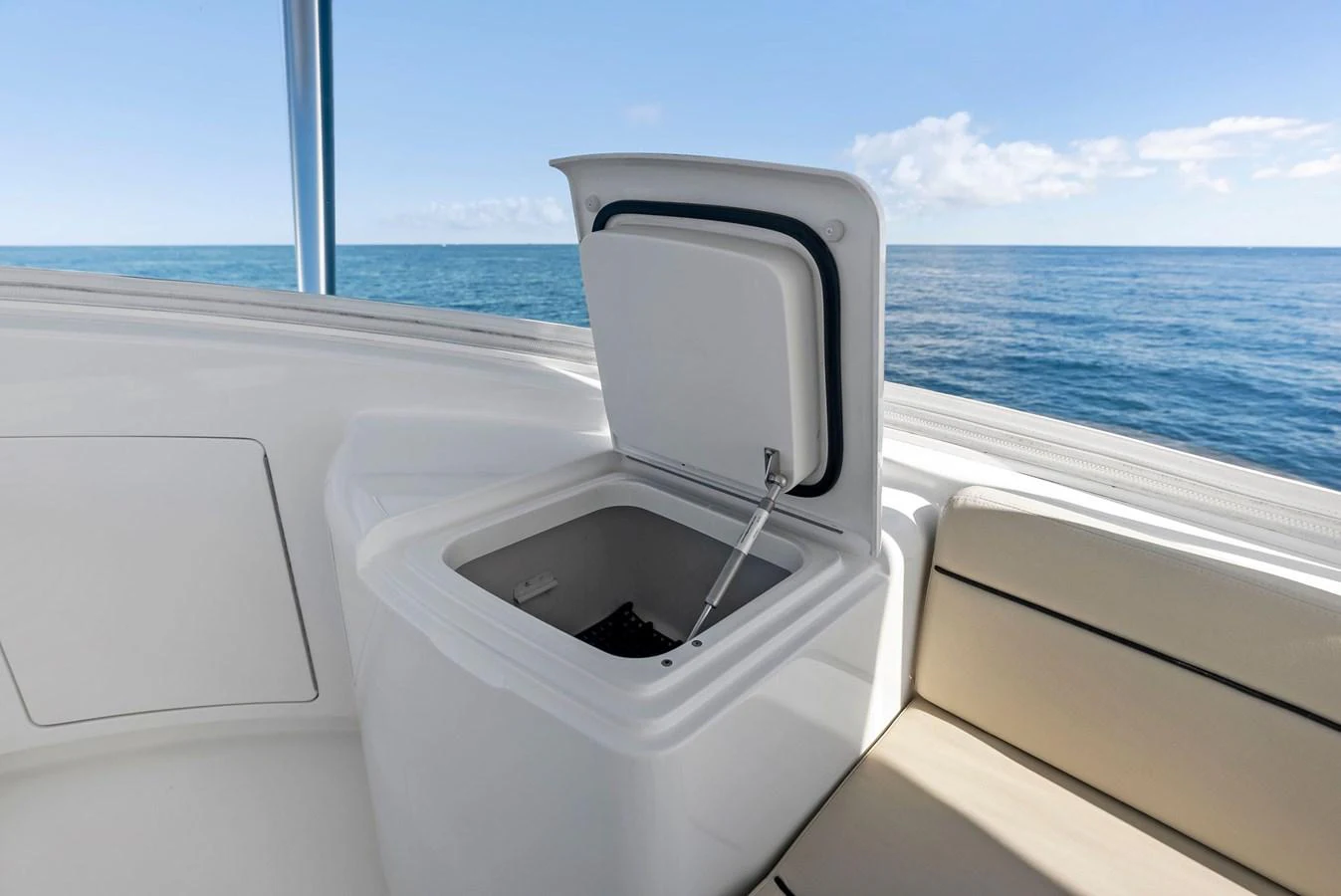 A sleek built-in cooler on the yacht's deck offers convenience and style. aboard CATCH 23 Yacht for Sale