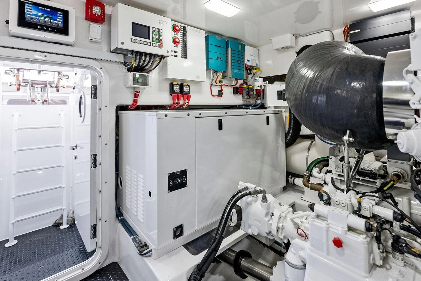 The image showcases the well-maintained engine room of the yacht, featuring modern equipment and clean installations. aboard CATCH 23 Yacht for Sale