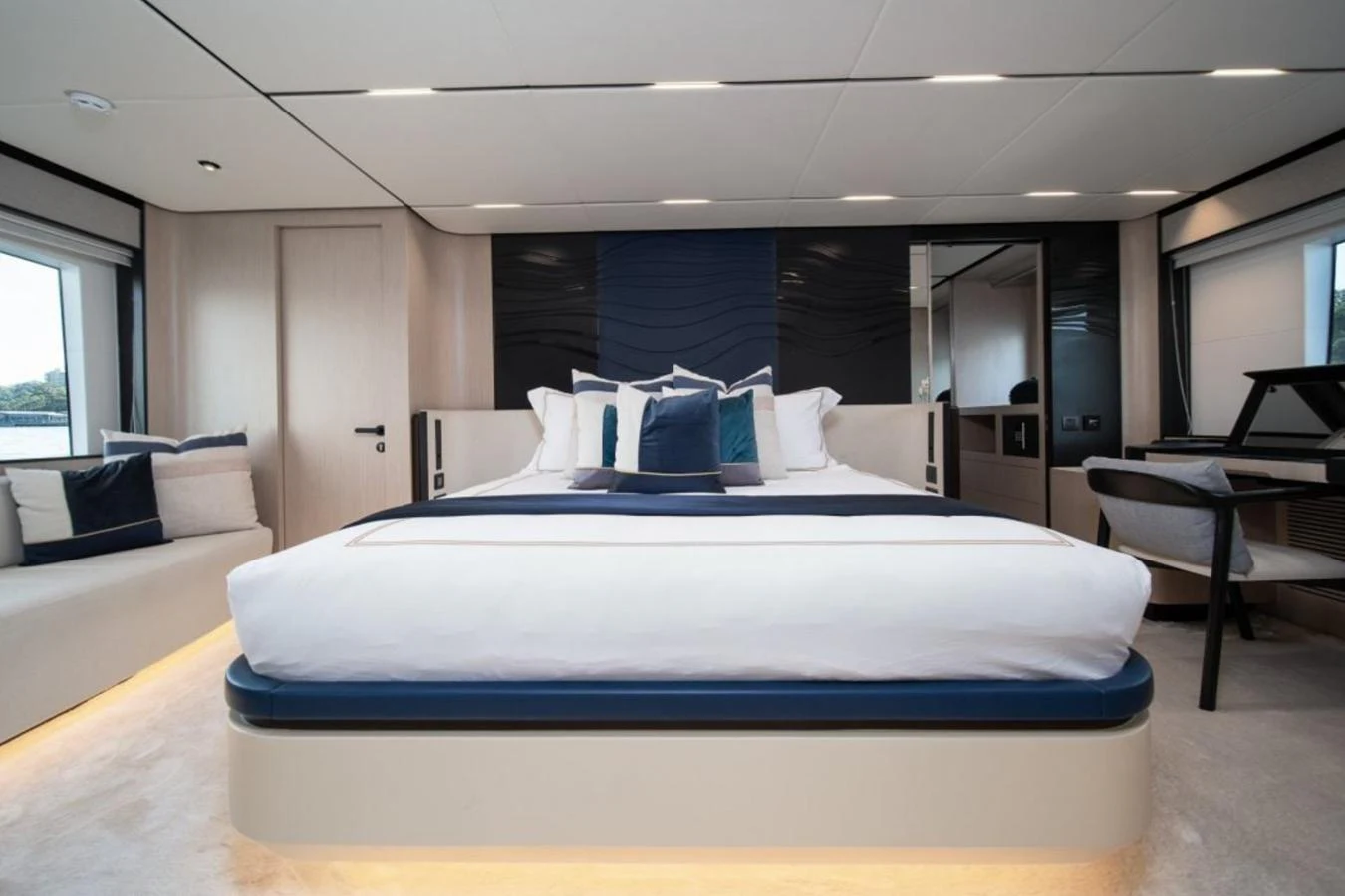 The master stateroom exudes luxury with its spacious layout and elegant design. aboard TOPAZ Yacht for Sale