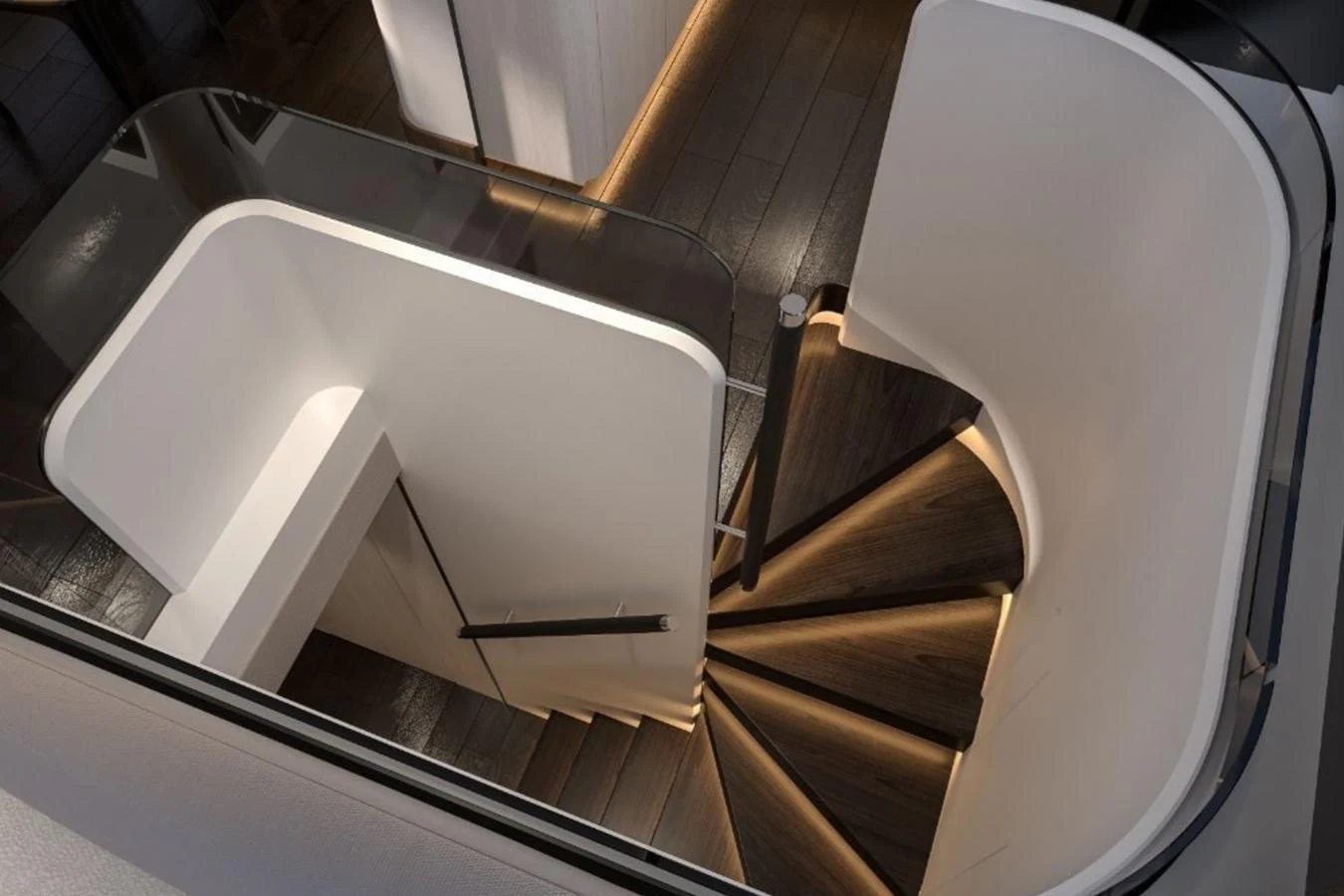 A modern, elegantly designed staircase with ambient lighting and sleek finishes. aboard TOPAZ Yacht for Sale