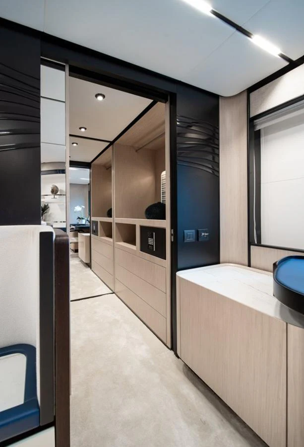 A modern yacht interior hallway with sleek design and ample storage. aboard TOPAZ Yacht for Sale