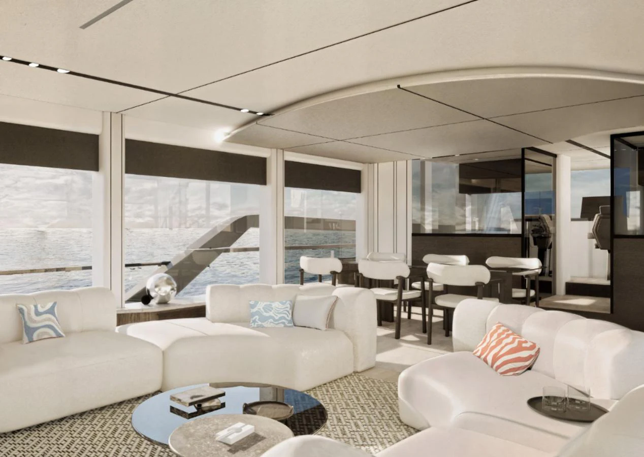The salon features luxurious seating with panoramic views of the sea. aboard NEW Yacht for Sale