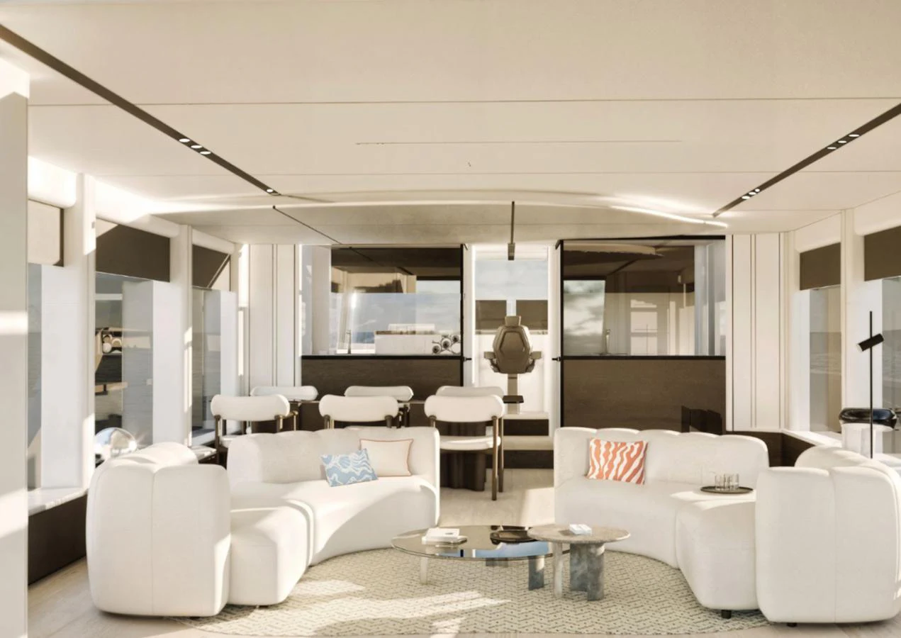The salon features modern furnishings with ample natural light and a serene ambiance. aboard NEW Yacht for Sale