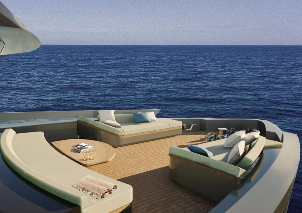The aft deck offers a serene lounging area with panoramic ocean views. aboard NEW Yacht for Sale