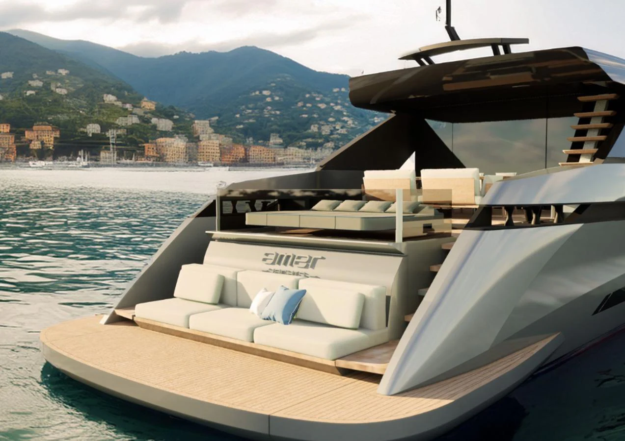 The yacht's sleek aft deck features luxurious seating and a spacious layout, perfect for relaxation and entertainment. aboard NEW Yacht for Sale