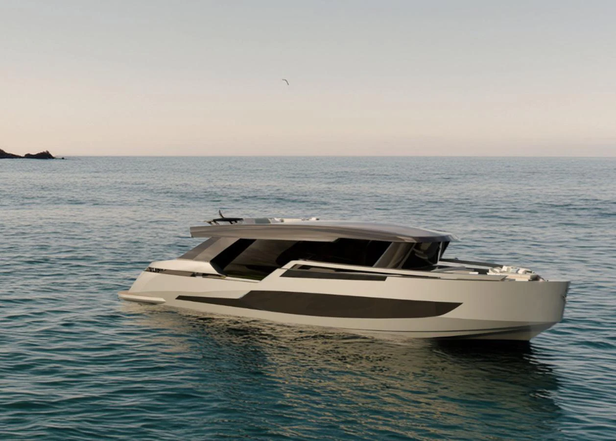 A sleek and modern yacht glides gracefully on calm waters, showcasing its contemporary design. aboard NEW Yacht for Sale
