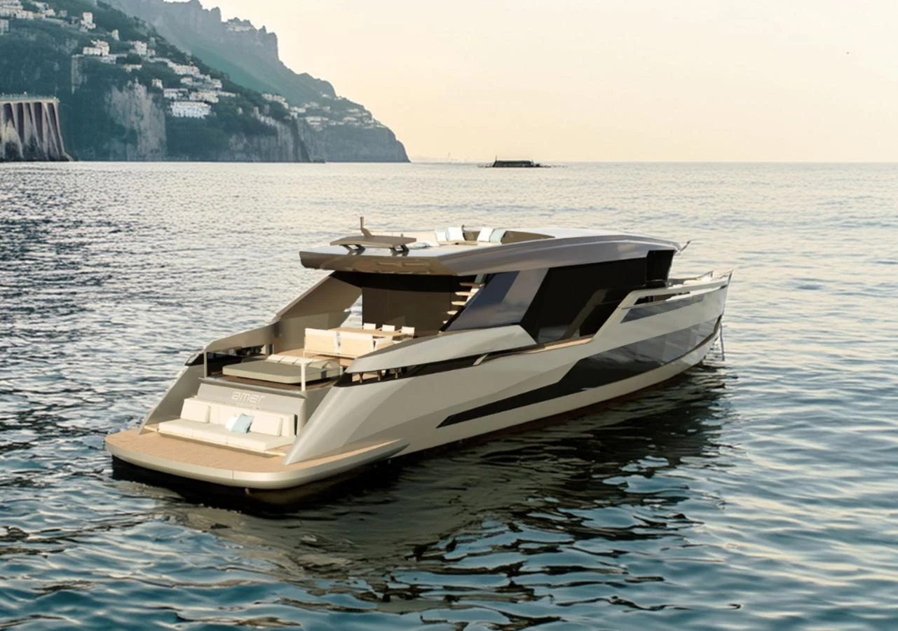 A sleek and modern yacht glides on calm waters with a scenic coastal backdrop. aboard NEW Yacht for Sale