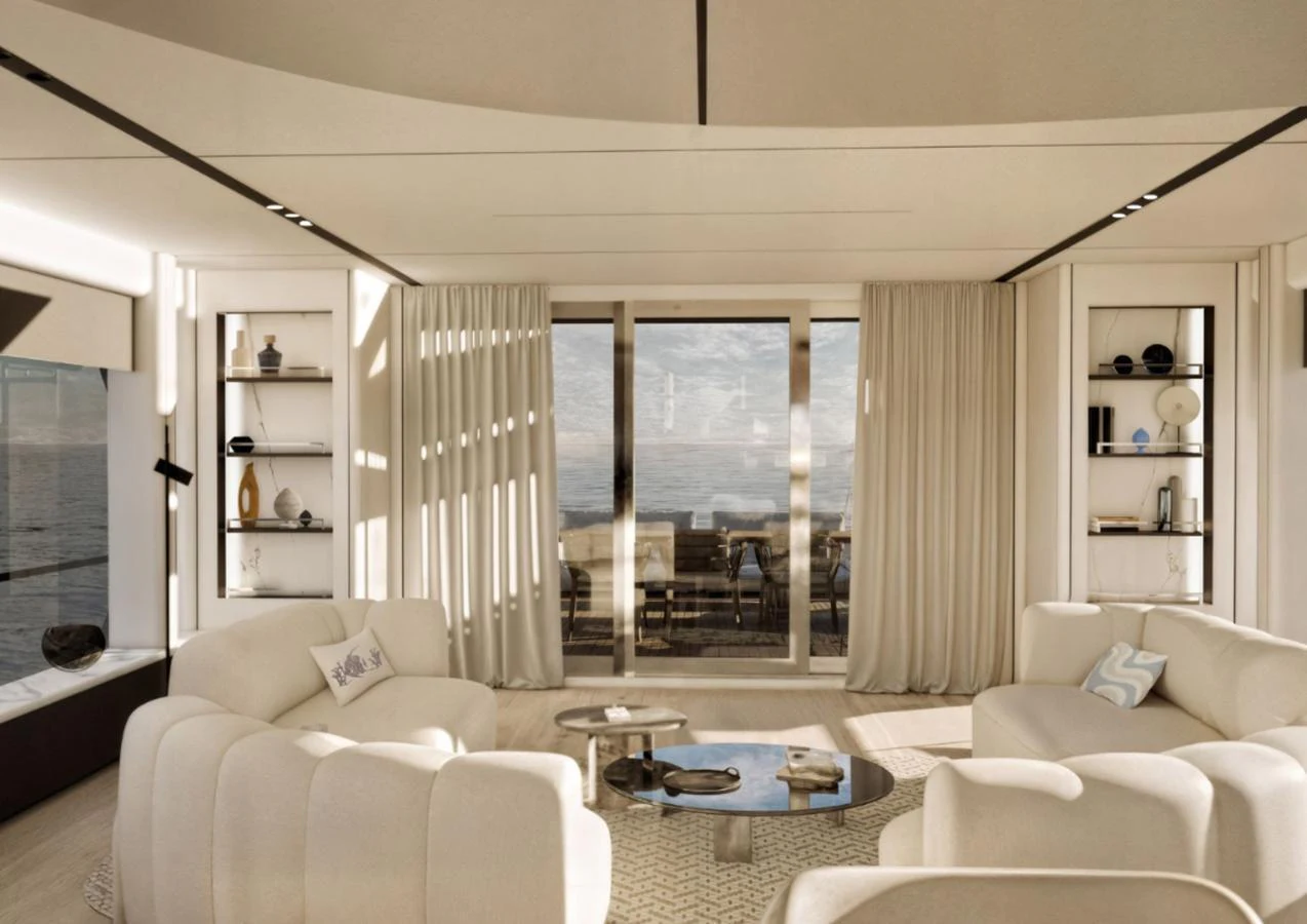 The yacht's interior features a luxurious and spacious living area with elegant furnishings and a serene ambiance. aboard NEW Yacht for Sale