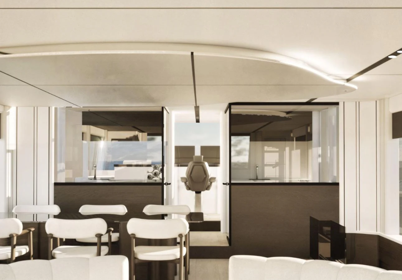The yacht's helm area is designed with modern elegance, featuring a sleek captain's chair and panoramic windows. aboard NEW Yacht for Sale