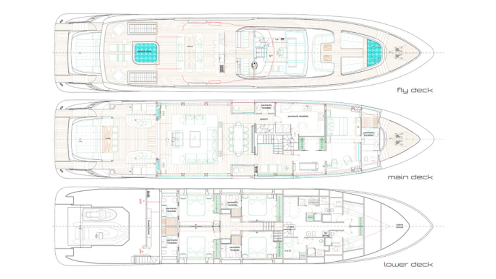 The image showcases detailed deck plans of a luxury yacht, including the fly deck, main deck, and lower deck. aboard NEW Yacht for Sale