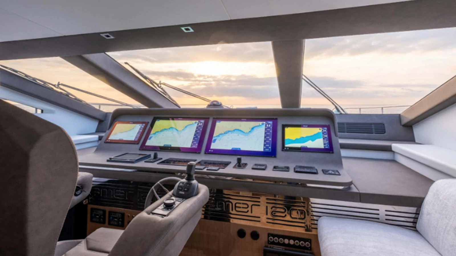 The helm station features advanced navigation systems and offers a panoramic view. aboard NEW Yacht for Sale