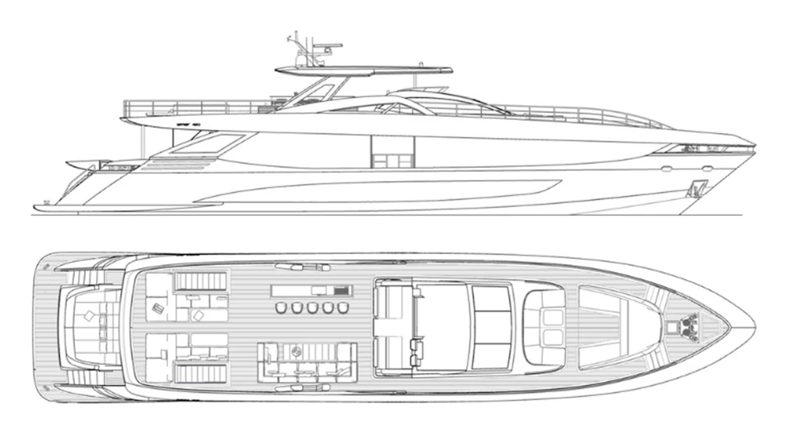 A detailed blueprint showcasing the side profile and top view layout of a luxury yacht. aboard NEW Yacht for Sale