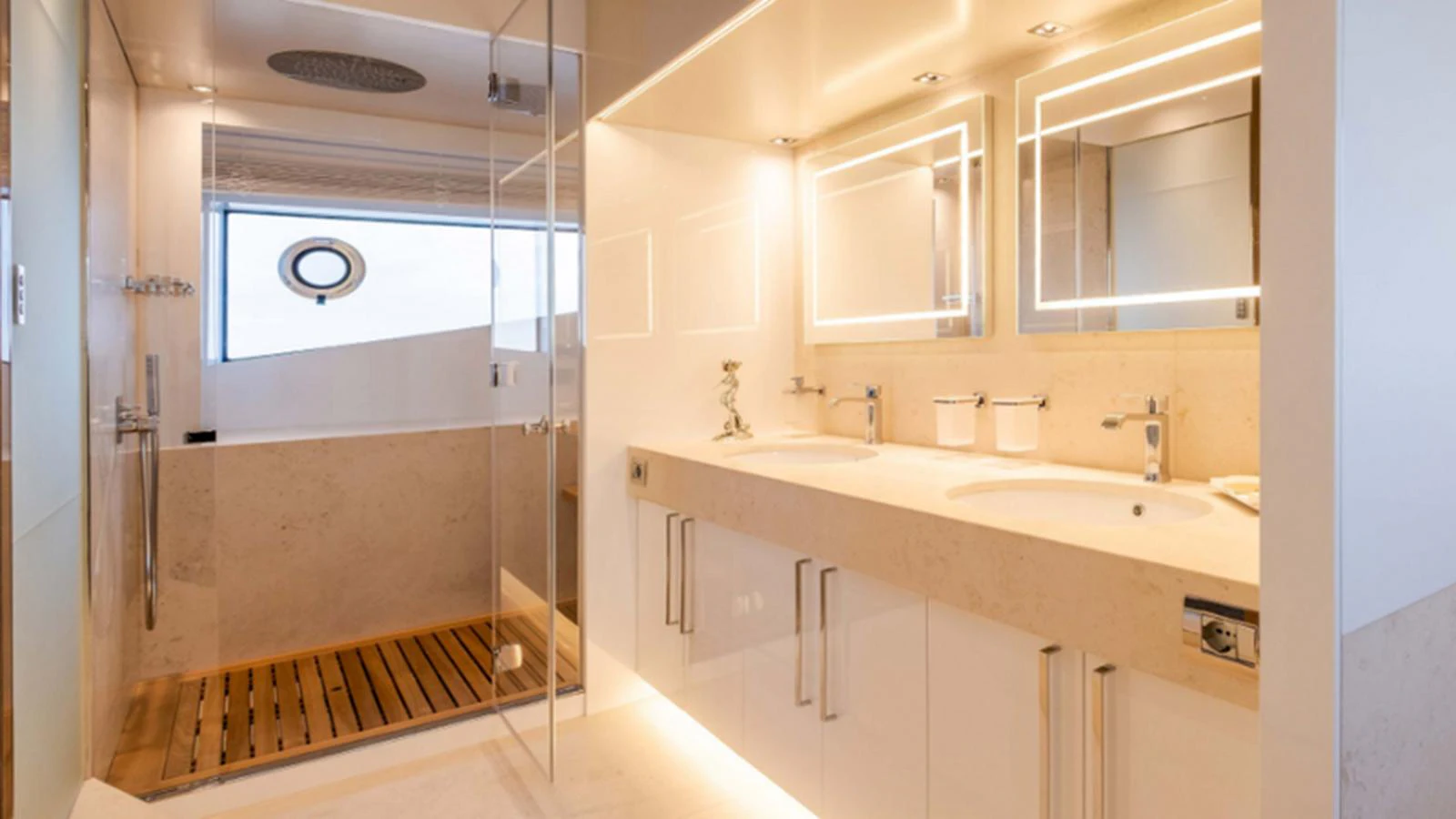 A luxurious yacht bathroom with modern fixtures and a spacious shower area. aboard NEW Yacht for Sale