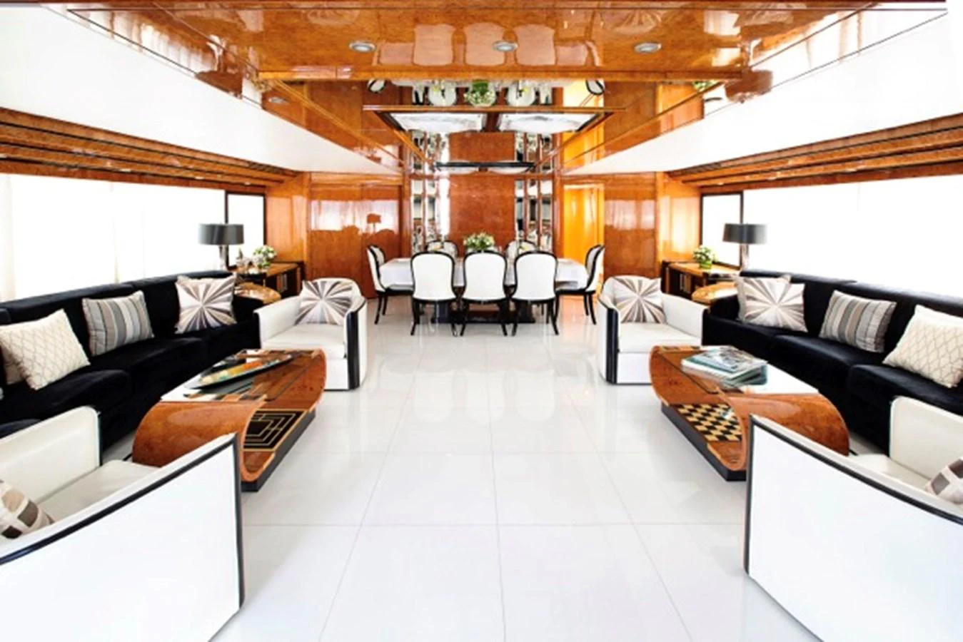 a living room with a large wood ceiling aboard MILOS AT SEA Yacht for Sale