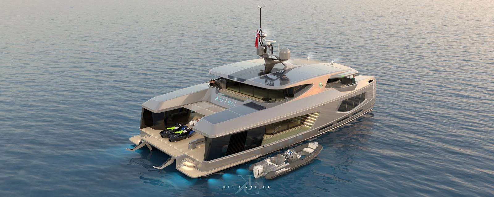 A luxurious yacht is anchored on calm waters, showcasing its sleek design and spacious decks. aboard MAZARIN - GLOBEMASTER - BY KIT CARLIER Yacht for Sale