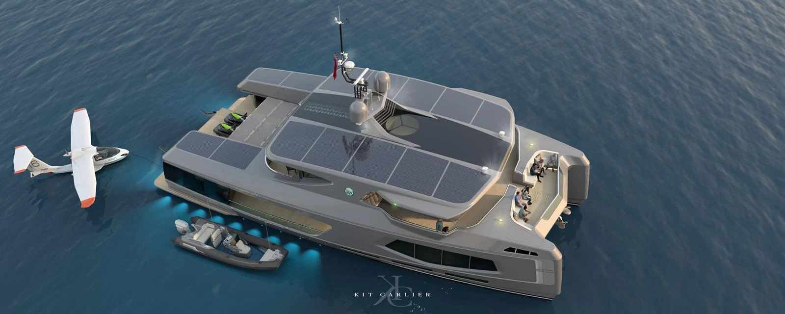 A sleek, modern yacht with a helipad and multiple tenders, floating gracefully on calm waters. aboard MAZARIN - GLOBEMASTER - BY KIT CARLIER Yacht for Sale