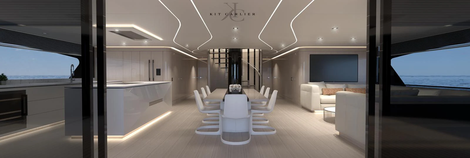 The spacious salon features a modern dining area and comfortable seating with panoramic views. aboard MAZARIN - GLOBEMASTER - BY KIT CARLIER Yacht for Sale