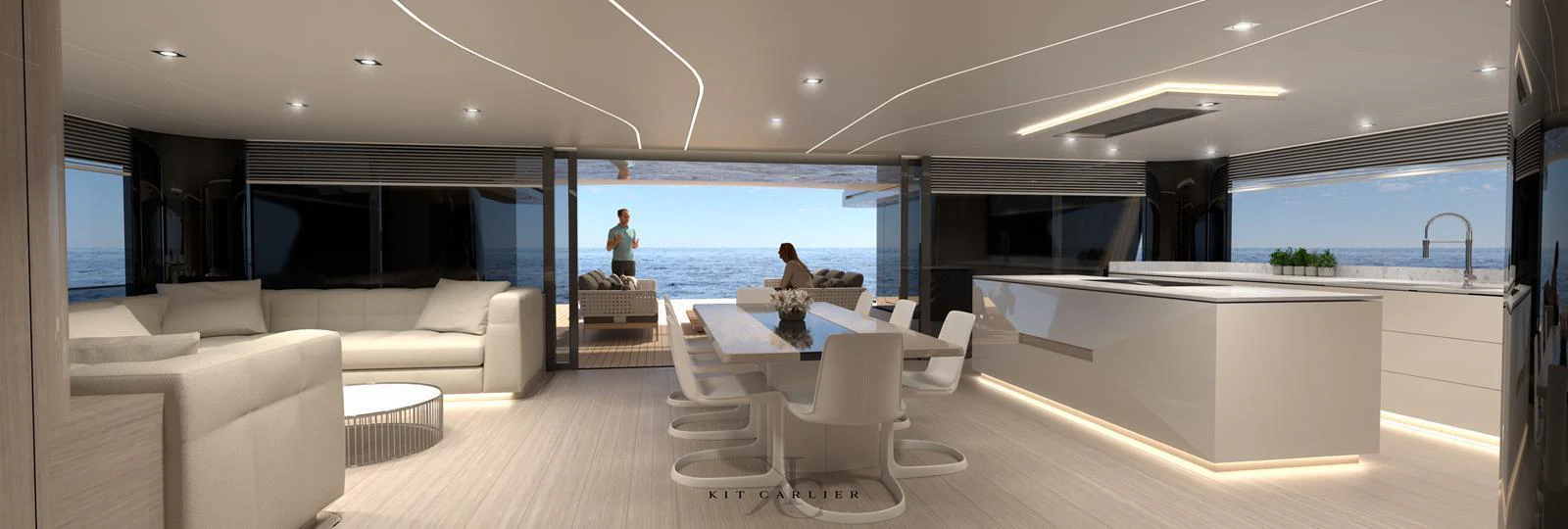 The spacious salon offers a luxurious dining and lounging area with stunning ocean views. aboard MAZARIN - GLOBEMASTER - BY KIT CARLIER Yacht for Sale
