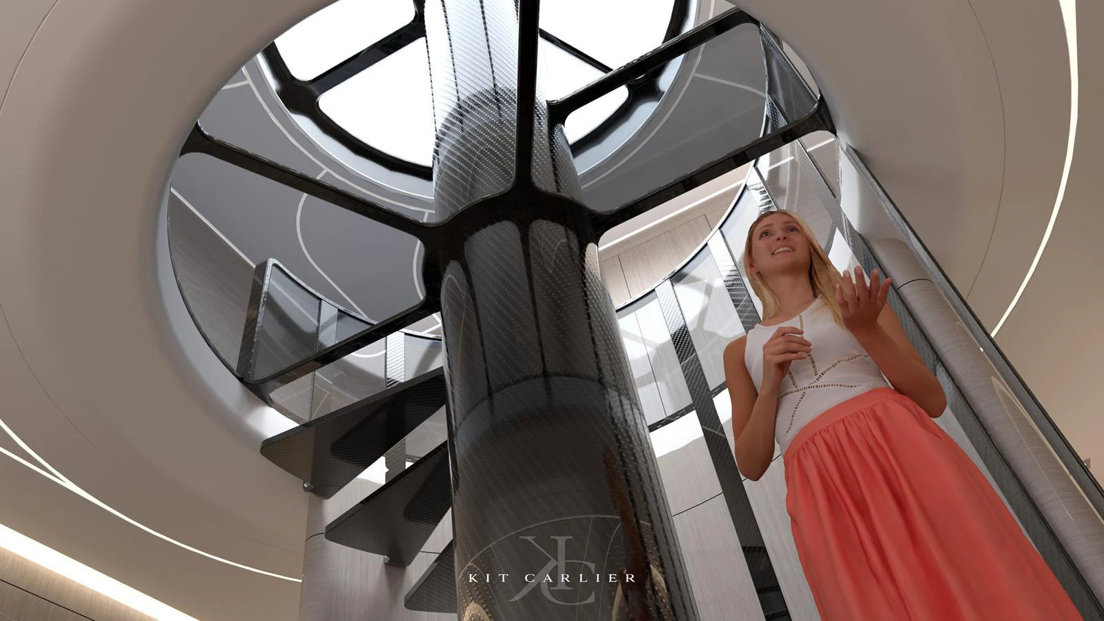 A modern yacht interior featuring a sleek spiral staircase with a glass ceiling above. aboard MAZARIN - GLOBEMASTER - BY KIT CARLIER Yacht for Sale