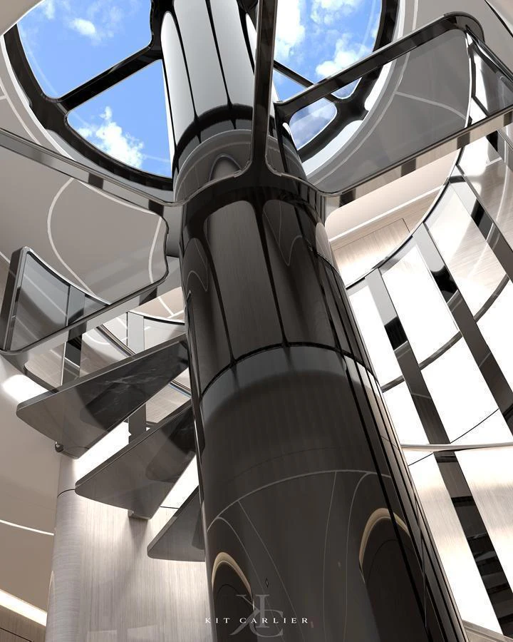 A stunning spiral staircase with sleek, modern design elements and a skylight above. aboard MAZARIN - GLOBEMASTER - BY KIT CARLIER Yacht for Sale