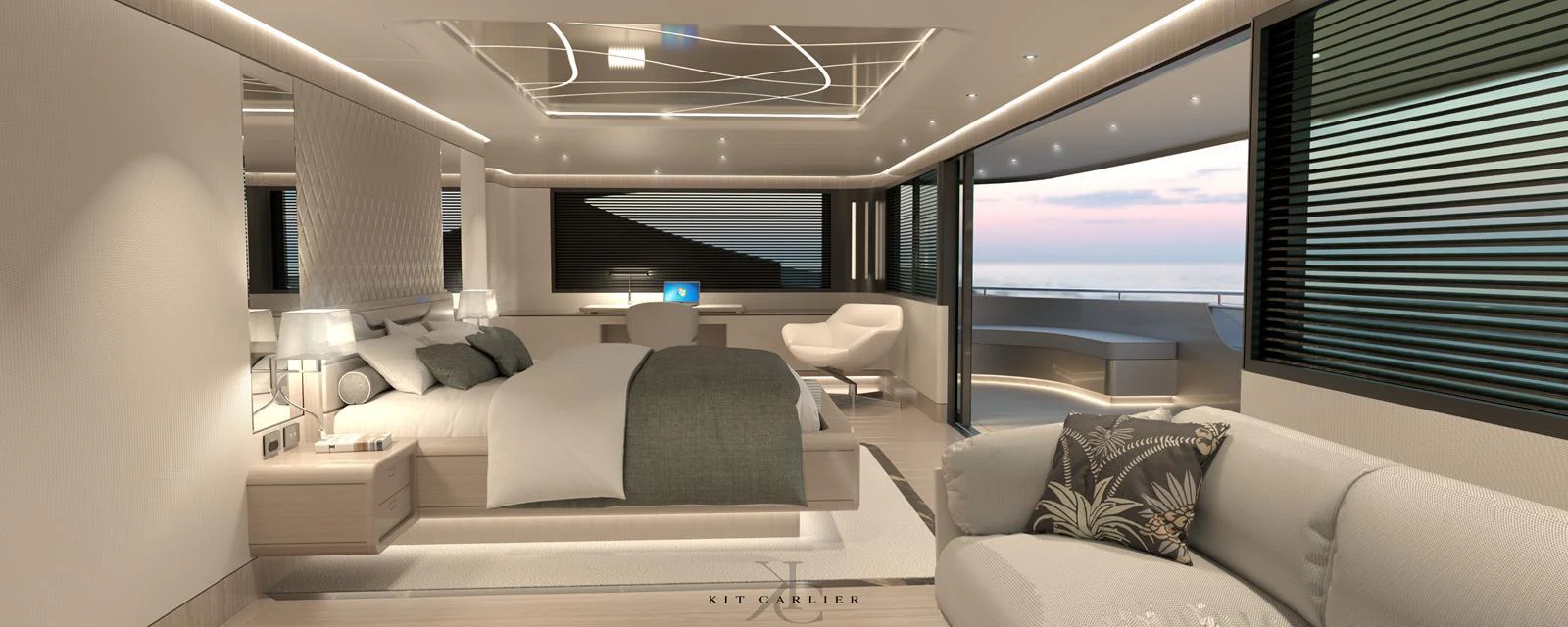 The master stateroom features a luxurious bed, modern furnishings, and expansive windows offering stunning ocean views. aboard MAZARIN - GLOBEMASTER - BY KIT CARLIER Yacht for Sale