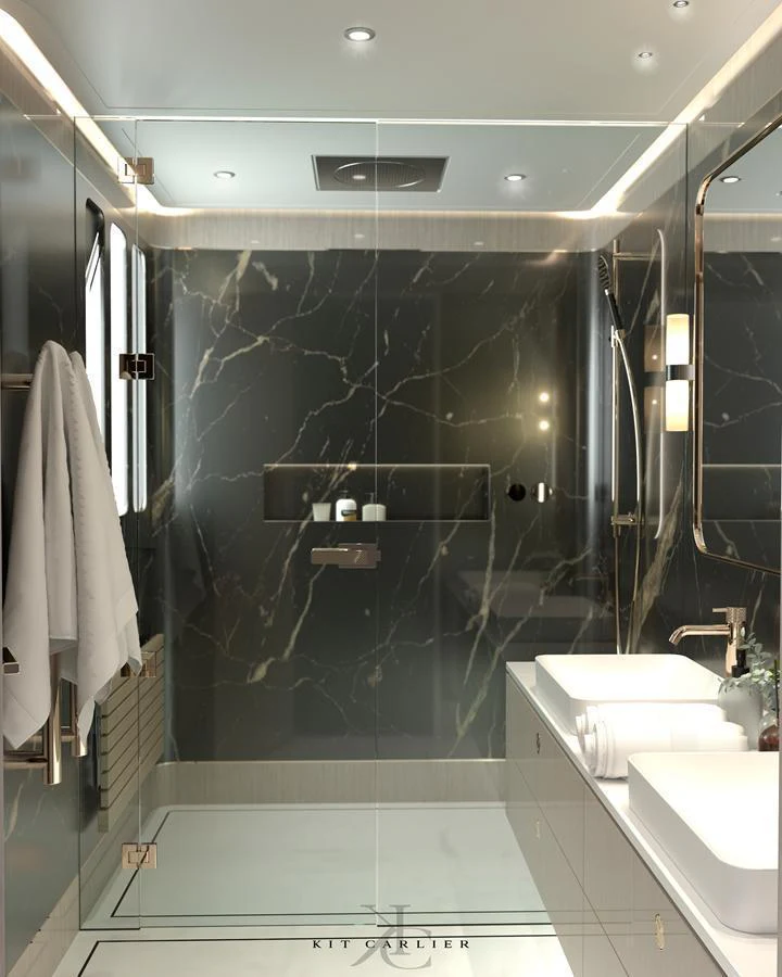 A luxurious yacht bathroom featuring a sleek, modern design with marble accents and high-end fixtures. aboard MAZARIN - GLOBEMASTER - BY KIT CARLIER Yacht for Sale