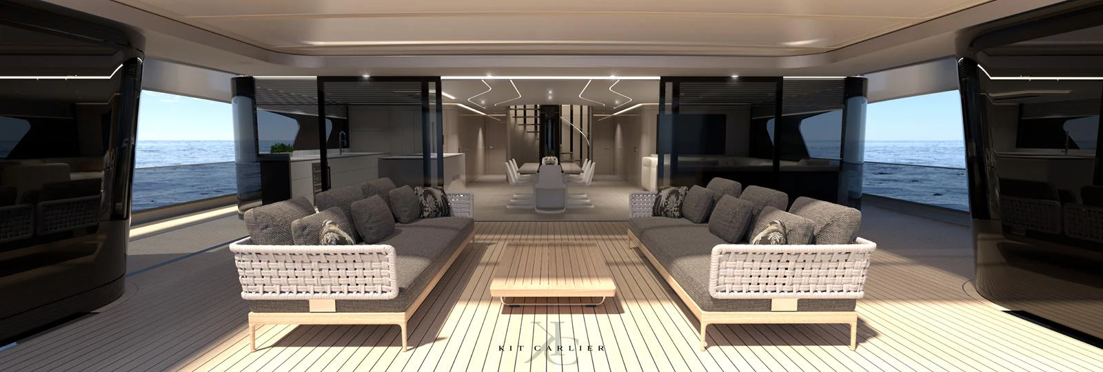 The spacious salon features elegant seating and a modern design, seamlessly blending indoor and outdoor spaces. aboard MAZARIN - GLOBEMASTER - BY KIT CARLIER Yacht for Sale