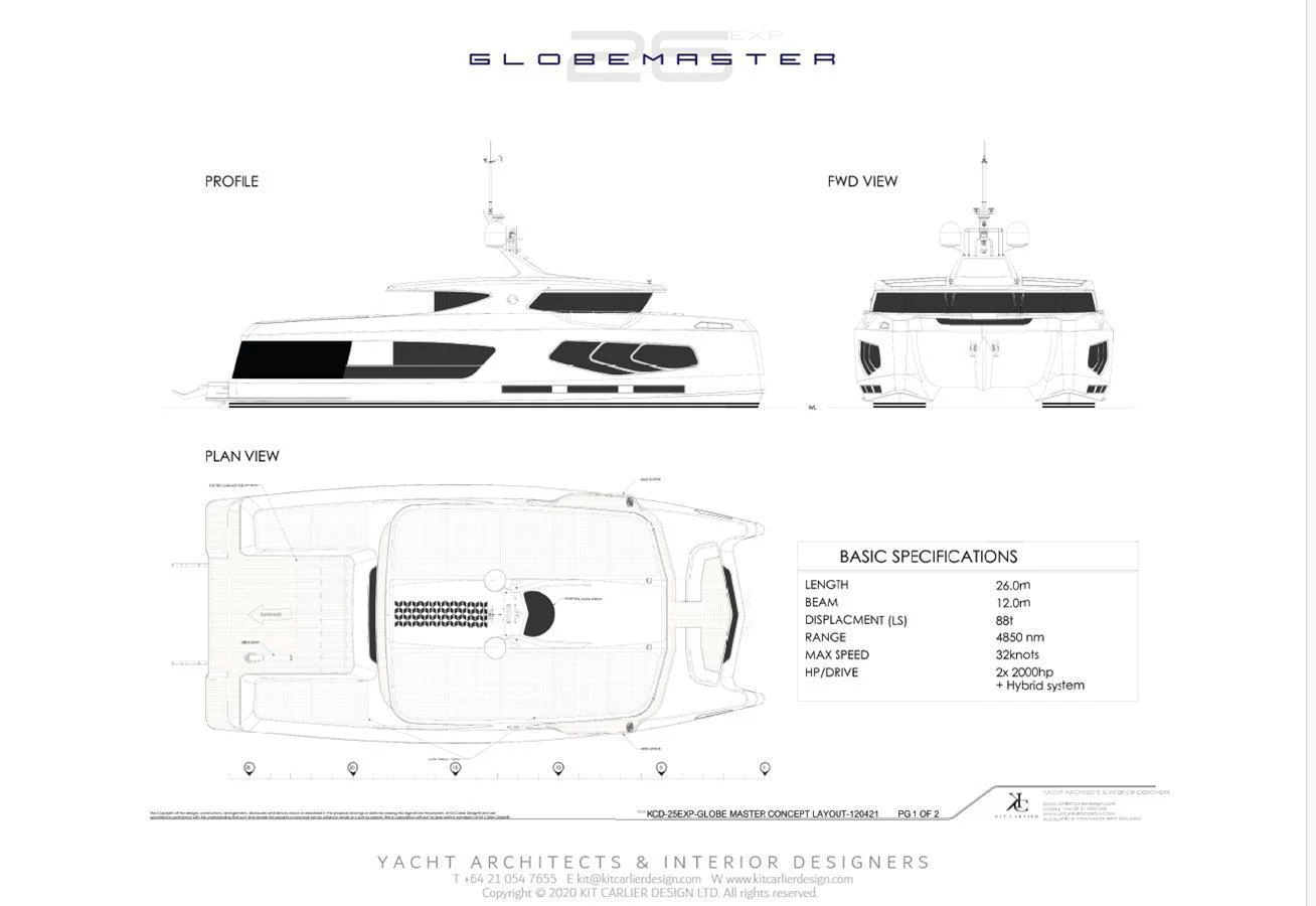 This image showcases the detailed blueprint and specifications of a yacht, including profile, plan, and end views. aboard MAZARIN - GLOBEMASTER - BY KIT CARLIER Yacht for Sale