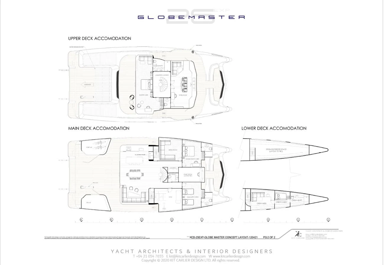 This image showcases the detailed deck plans of a yacht, including the upper, main, and lower deck accommodations. aboard MAZARIN - GLOBEMASTER - BY KIT CARLIER Yacht for Sale